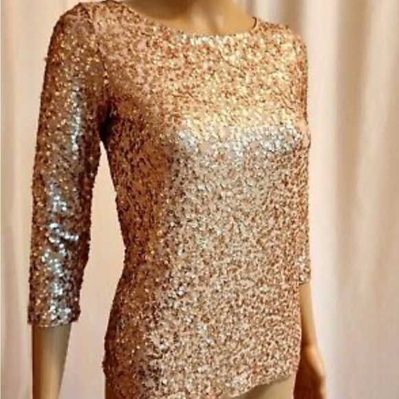 J. Crew Rose Gold 3/4 Sleeve Sequined Top, Size Medium - Picture 5 of 9